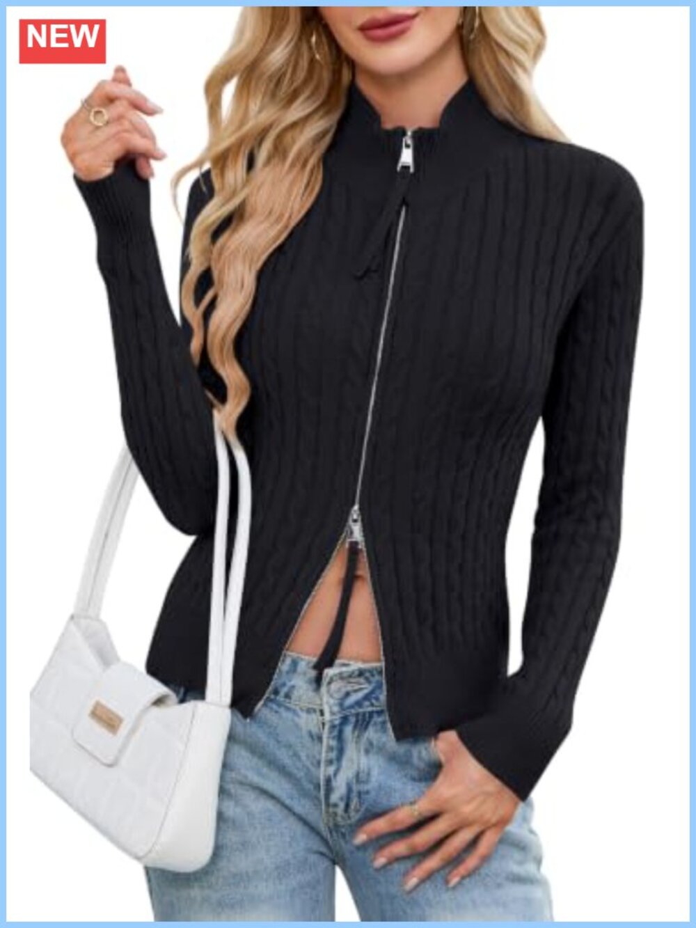 Cable Knit Zip Up Cardigan Mock Neck Long Sleeve Sweater Jacket